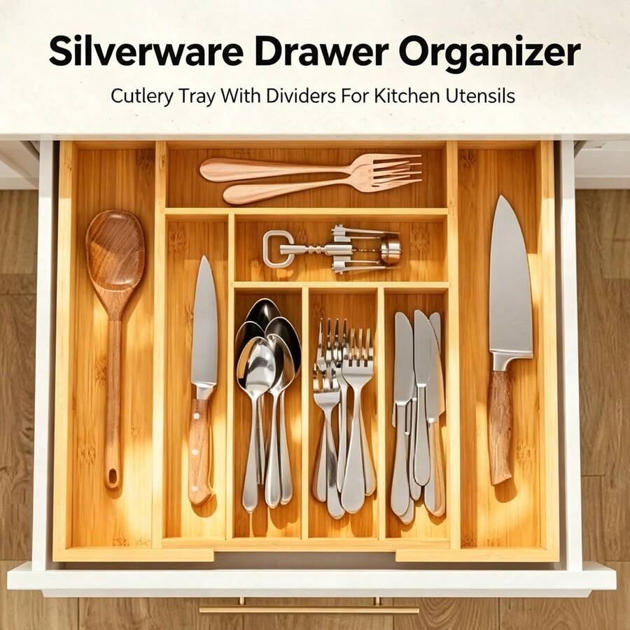 Bamboo Cutlery - Bamboo Drawer Organizer, Expandable C, Cutlery