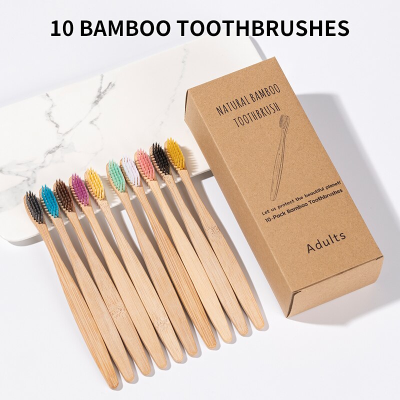 Bamboo Toothbrush - 10PCS Bamboo Toothbrush Set - Natural